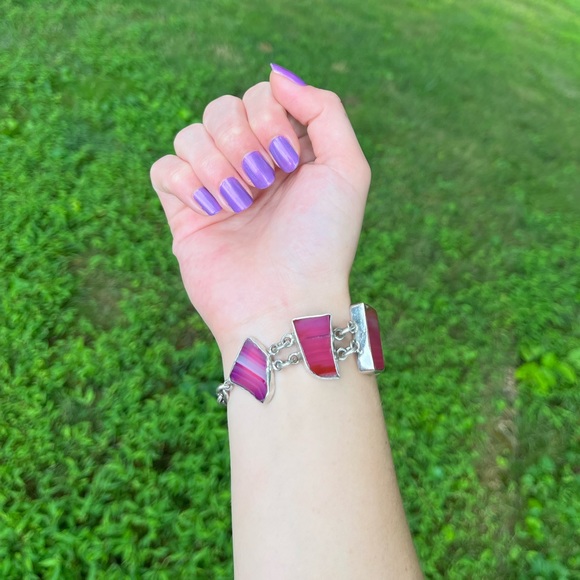 Vintage Sterling Silver Pink Agate Toggle Bracelet - Picture 7 of 16